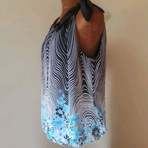 Y2K Wrapper Top Whimsigoth Floral Size L Chiffon Tie Strap Bow Blue Black Blouse